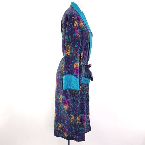 Victoria's Secret Vintage Floral Gold Label Long Satin Robe Purple Blue sz Small - Picture 3 of 6